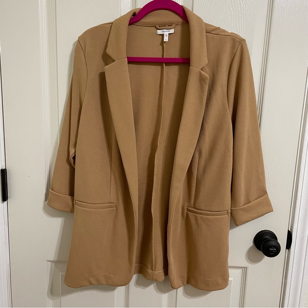 Maurices Open Front Blazer 3/4 sleeves Tan Large
